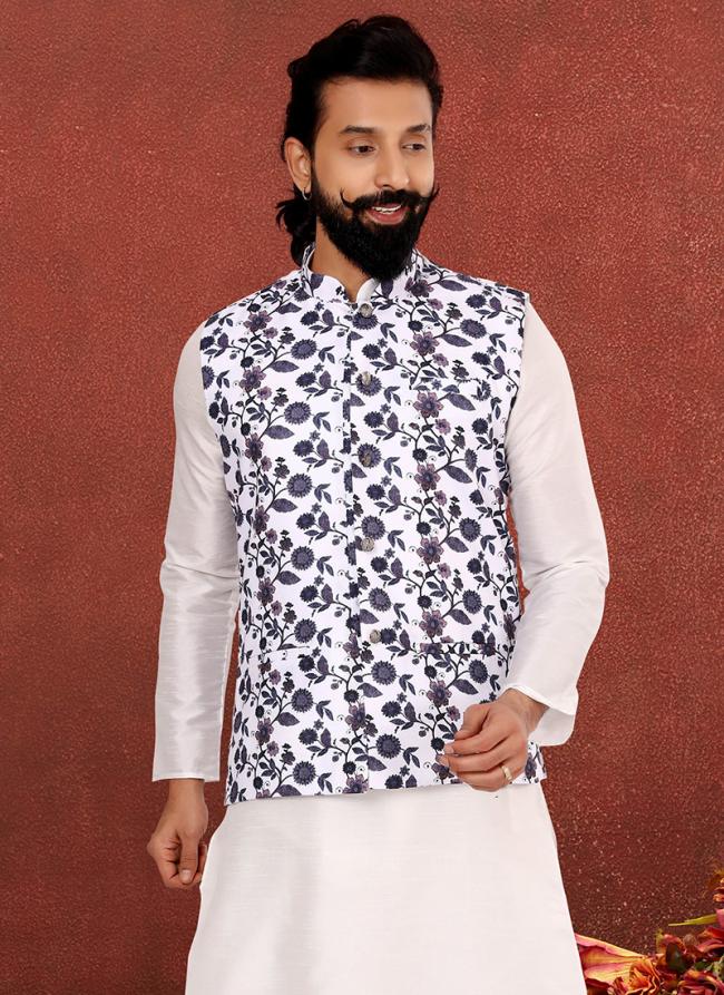 Cotton Print White Festival Wear Embroidery Work Readymade Men's Waist Coat